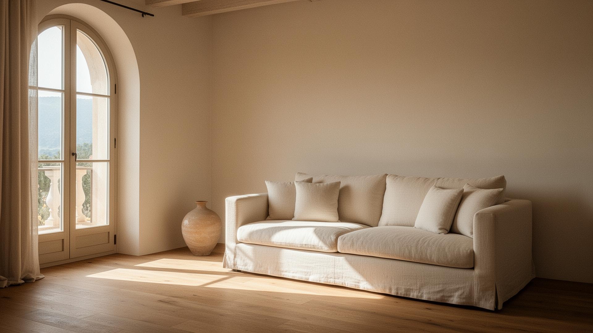 A cream linen sofa in a sun-drenched Mediterranean villa interior.