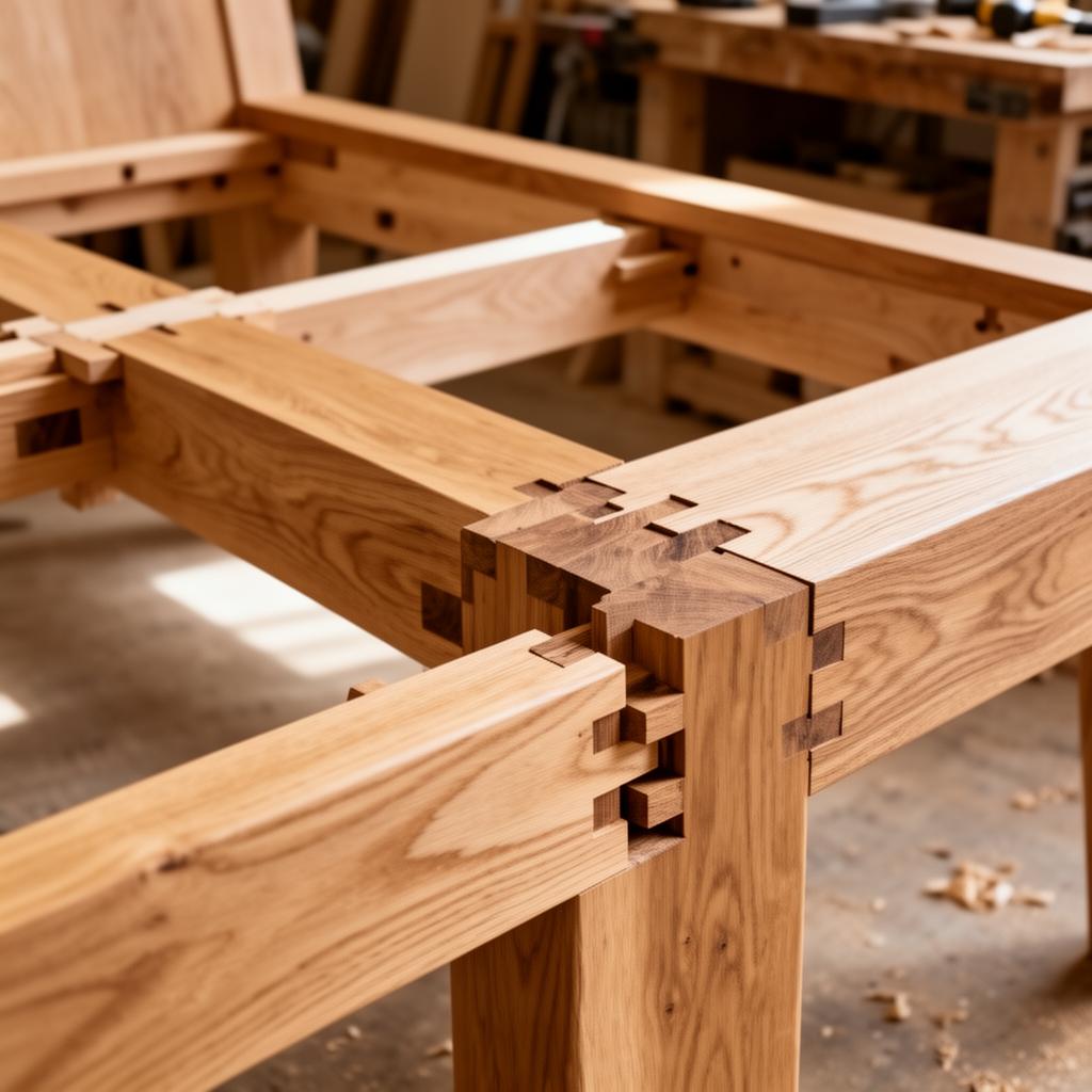 Close-up of a kiln-dried oak sofa frame with exposed joinery.