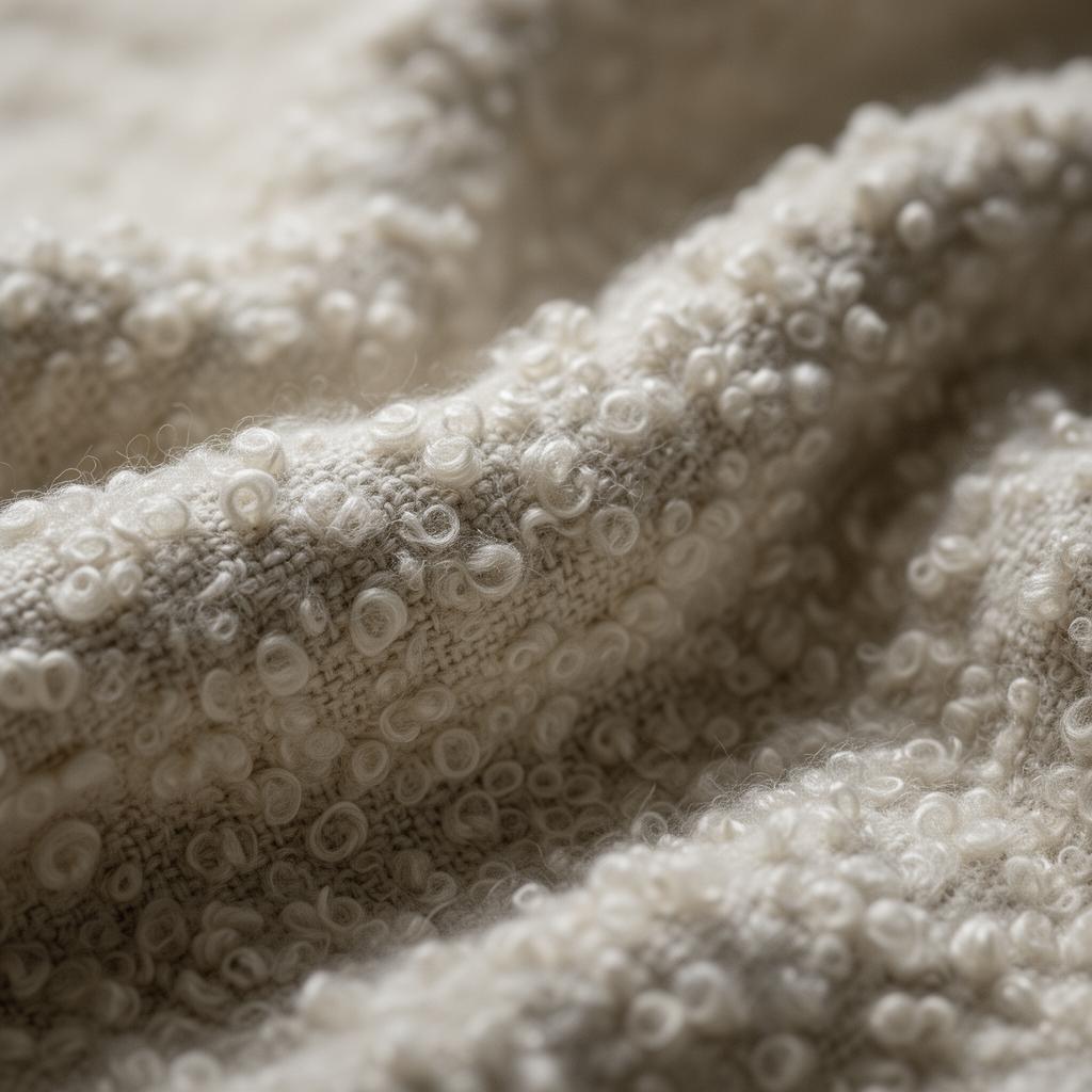 Macro detail of ivory bouclé upholstery fabric.