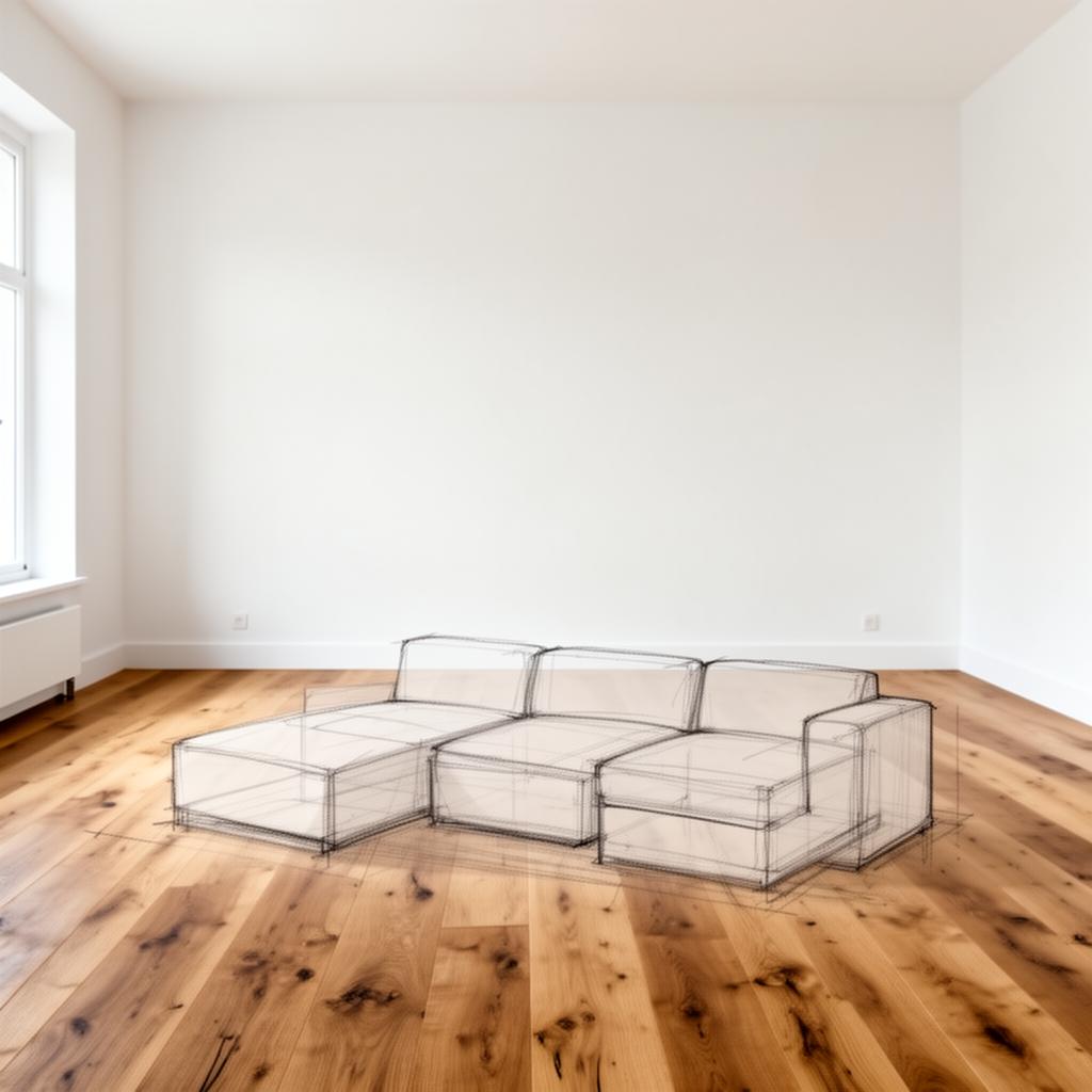 Empty living room with an architectural outline of a sectional sofa drawn on the floor.