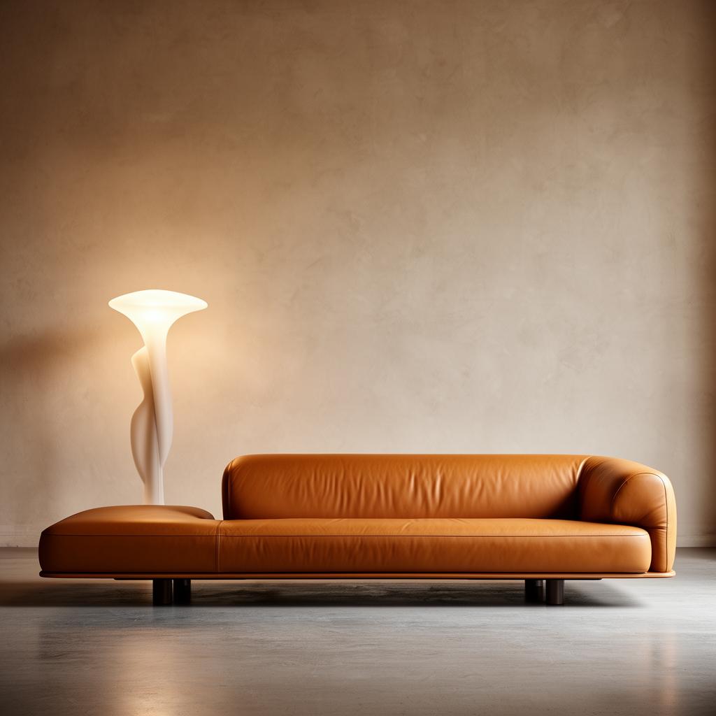 Low-slung tan leather sofa beside a sculptural floor lamp.