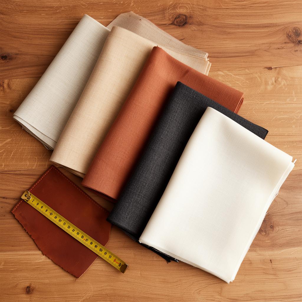 Flat lay of premium fabric swatches in earth tones with a brass measuring tape.