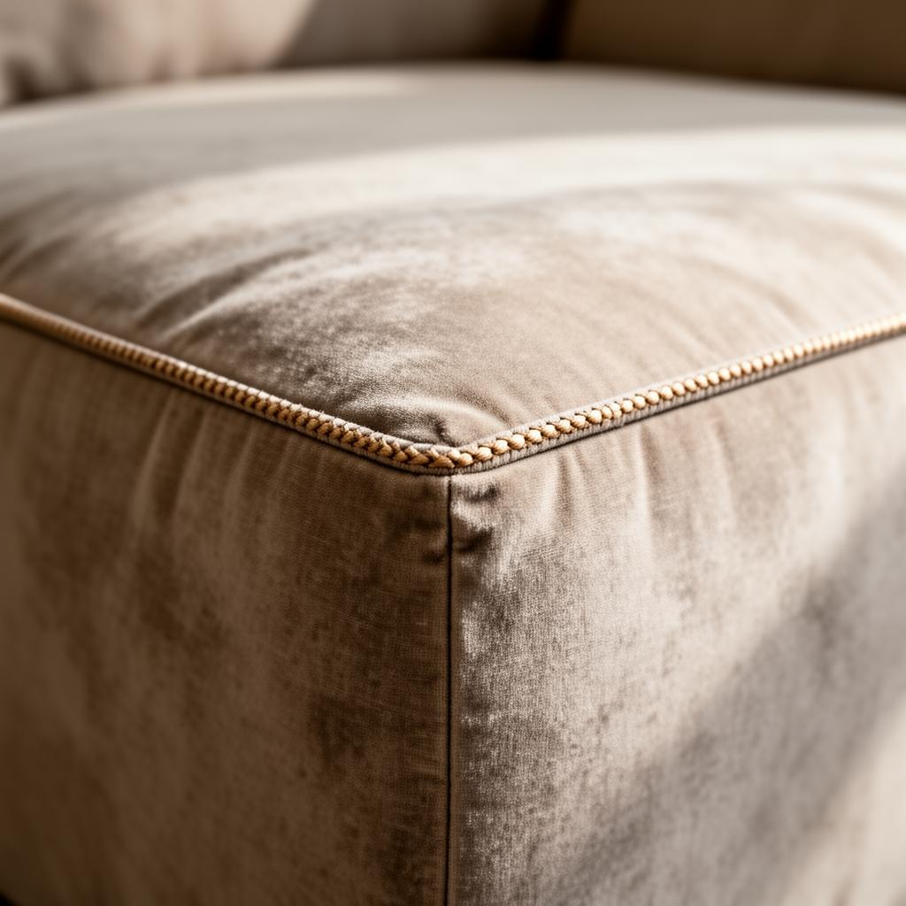 Hand-stitched piping along the corner of an upholstered cushion.