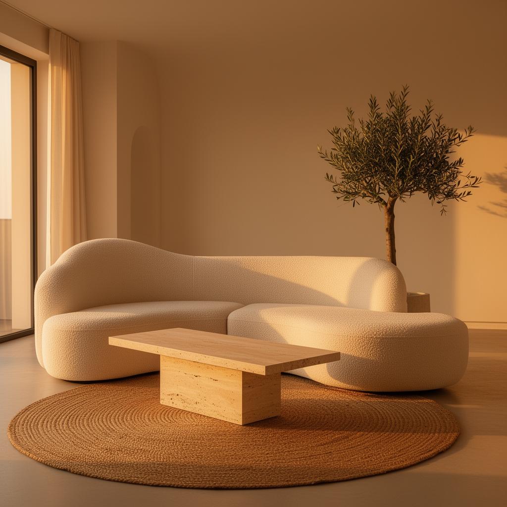 Curved bouclé sofa at golden hour beside an olive tree and travertine table.